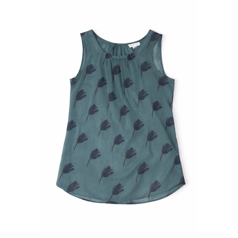 Cabi Teal Blue Floral Tulip Print Sleeveless Tie Back Blouse Top Small